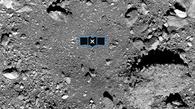 The Osiris-Rex spacecraft's primary sample collection site, named 'Nightingale,' on the asteroid Bennu.