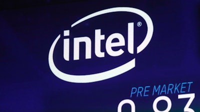 Intel logo on a screen at the Nasdaq MarketSite, Times Square, New York, Oct. 3, 2018.