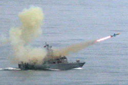 A Taiwanese navy frigate launches a Harpoon surface-to-surface missile during the annual Hankuang military exercises off Ilan, Taiwan, May 16, 2007.