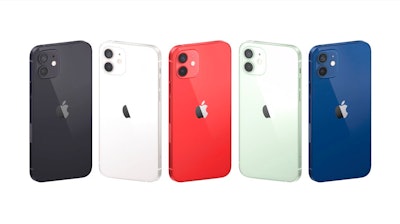 This image provided by Apple shows a display of the new iPhones equipped with technology for use with faster new 5G wireless networks that Apple unveiled Tuesday, Oct. 13, 2020.