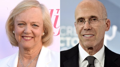Meg Whitman at The Hollywood Reporter's Women in Entertainment Breakfast Gala in Los Angeles, Dec. 11, 2019, left, and Jeffrey Katzenberg at the 26th annual Screen Actors Guild Awards in Los Angeles, Jan. 19, 2020.