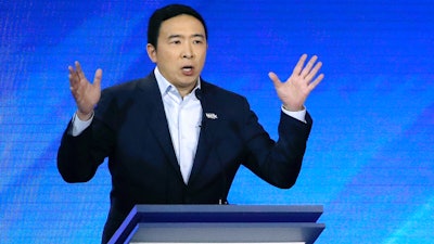 Andrew Yang during a Democratic presidential primary debate at Saint Anselm College in Manchester, N.H., Feb. 7, 2020.