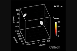 A three-dimensional video showing a pulse of laser light passing through a laser-scattering medium and bouncing off reflective surfaces.