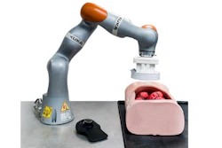The robotic arm houses a magnet that interacts with magnets on a small capsule inside the patient and is able to navigate the capsule to the correct spot inside the colon.
