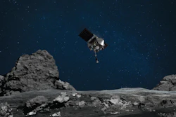 This artist’s rendering shows OSIRIS-REx spacecraft descending toward asteroid Bennu to collect a sample of the asteroid’s surface.