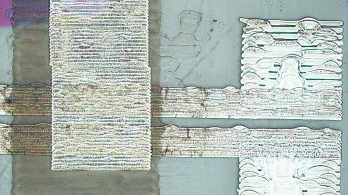 Optical microscopy image of a field effect transistor containing an inkjet printed graphene channel.