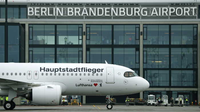 Lufthansa airplane parked in front of Terminal 1 after its arrival at the new Berlin-Brandenburg-Airport 'Willy Brandt' in Berlin, Oct. 31, 2020.