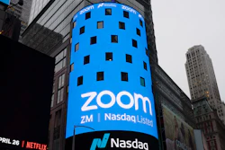 Sign for Zoom Video Communications ahead of the company's Nasdaq IPO in New York, April 18, 2019.