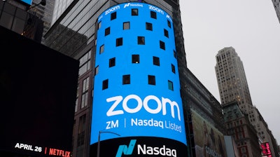 Sign for Zoom Video Communications ahead of the company's Nasdaq IPO in New York, April 18, 2019.