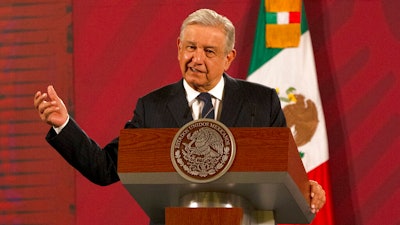 Mexican President Andrés Manuel López Obrador gives his daily news conference at the presidential palace in Mexico City, Oct. 16, 2020.
