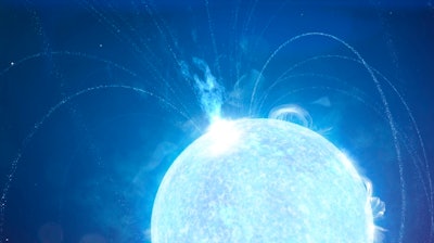 Image from video animation depicting a powerful X-ray burst erupting from a magnetar, Nov. 2020.