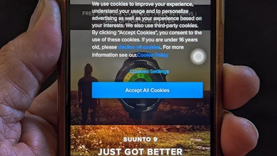 iPhone screen with Suunto's cookie policy in Los Angeles, Oct. 2, 2020.