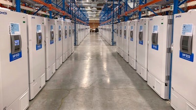 A Pfizer 'freezer farm' storing finished COVID-19 vaccines, Puurs, Belgium, Oct. 2020.