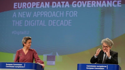EU Executive Vice President Margrethe Vestager, left, and Commissioner for Internal Market Thierry Breton during a media conference in Brussels, Nov. 25, 2020.