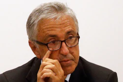 In this Aug. 18, 2018 file photo, Autostrade per L'Italia CEO Giovanni Castellucci attends a press conference in Genoa, Italy. Italian financial police on Wednesday issued arrest warrants against six current and former managers of Italy’s main private highway operator as part of the investigation into the Genoa bridge collapse that killed 43 people in August 2018. Three - including Castellucci - have been put under house arrest as part of a probe into defects in highway barriers linked to the deadly bridge collapse, while another three faced restrictive measures.
