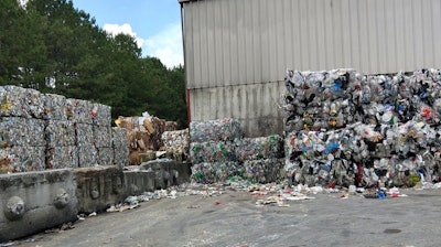 A 2018 photo provided by researcher Jenna Jambeck shows plastic baled for shipment at a U.S. materials recovery facility.