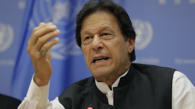 Imran Khan, Prime Minister of Pakistan, speaks to reporters during a news conference at United Nations headquarters, Sept. 24, 2019.