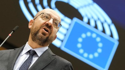 European Council President Charles Michel addresses the chamber at the European Parliament in Brussels, Oct. 21, 2020.