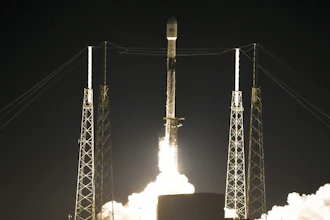 A SpaceX Falcon 9 rocket carrying 60 Starlink communications satellites lifts off from Cape Canaveral Air Force Station, Fla., Jan. 6, 2020.