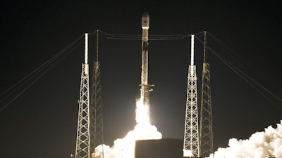 A SpaceX Falcon 9 rocket carrying 60 Starlink communications satellites lifts off from Cape Canaveral Air Force Station, Fla., Jan. 6, 2020.