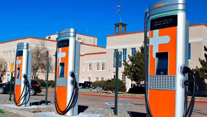 Electric vehicle charging stations at the Bataan Memorial Building in Santa Fe, N.M., Dec. 21, 2020.
