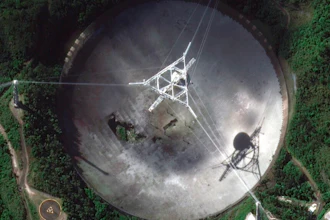 Satellite image of the damaged radio telescope at the Arecibo Observatory in Puerto Rico, Nov. 17, 2020.