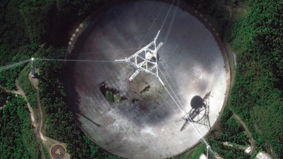 Satellite image of the damaged radio telescope at the Arecibo Observatory in Puerto Rico, Nov. 17, 2020.