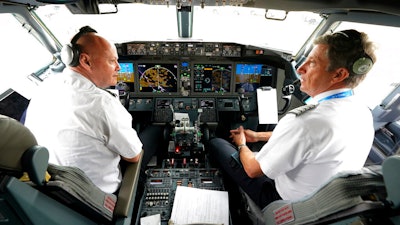 American Airlines pilots captain Pete Gamble, left, and first officer John Konstanzer in the cockpit of a Boeing 737 Max jet before taking off from Dallas-Fort Worth airport, Grapevine, Texas, Dec. 2, 2020.