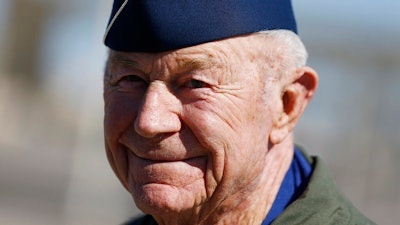 Retired Air Force Brig. Gen. Charles Yeager talks to members of the media following a re-enactment flight commemorating his breaking of the sound barrier 65 years earlier, Nellis Air Force Base, Nev., Oct. 14, 2012.