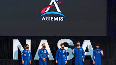 Five of the astronauts that will be part of the Artemis missions — from left, Jessica Meir, Joe Acaba, Anne McClain, Matthew Dominick, and Jessica Watkins — introduced by Vice President Mike Pence, Kennedy Space Center, Cape Canaveral, Fla., Dec. 9, 2020.