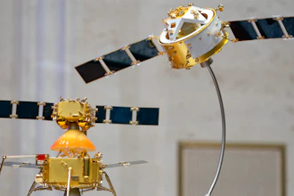 A model of China's Chang'e 5 lunar orbiter and lander displayed before a press conference at the State Council Information Office in Beijing, Dec. 17, 2020.