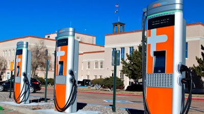Electric vehicle charging stations at the Bataan Memorial Building in Santa Fe, N.M., Dec. 21, 2020.