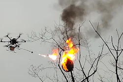 In this Dec. 10, 2020, photo released by Blue Sky Rescue of Zhong County, a drone equipped with a flamethrower burns a wasp nest at a village in Zhong county near Chongqing municipality in southwestern China. A drone has been converted into the flying flamethrower in central China in a fiery campaign to eradicate more than 100 wasp nests.