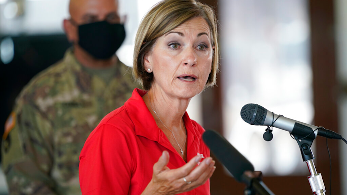Iowa Gov. Kim Reynolds during a news conference in Cedar Rapids, Aug. 14, 2020.