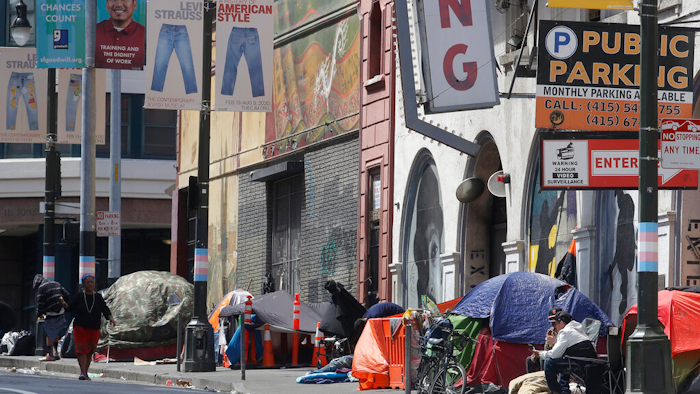 Tents line a sidewalk on Golden Gate Avenue in San Francisco, April 18, 2020.