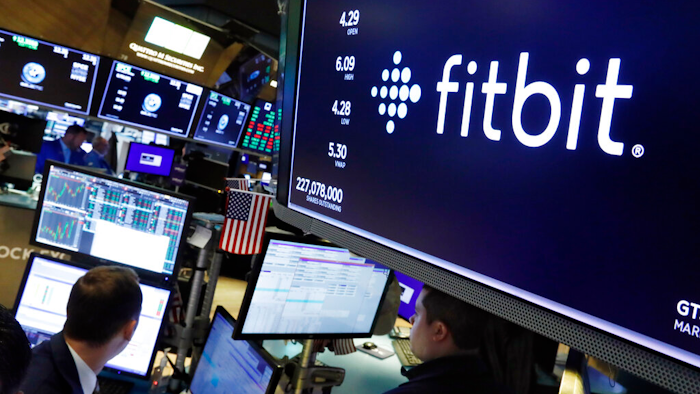 Fitbit logo above a trading post at the New York Stock Exchange, Oct. 28, 2019.