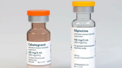A rendering of packaging and vials containing HIV treatment Cabenuva.