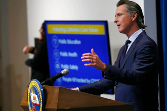 California Gov. Gavin Newsom discusses his revised 2020-2021 state budget during a news conference in Sacramento, May 14, 2020.