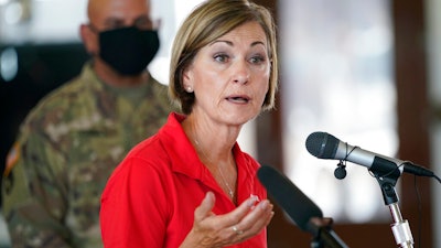 Iowa Gov. Kim Reynolds during a news conference in Cedar Rapids, Aug. 14, 2020.