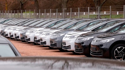 ID.3 cars at Volkswagen's factory in Zwickau, Germany, Feb. 25, 2020.