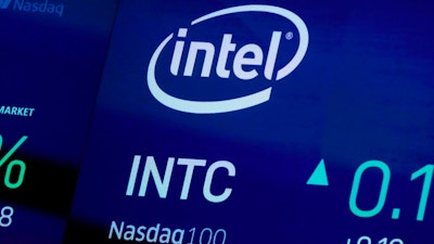 Intel logo on a screen at the Nasdaq MarketSite, New York, Oct. 1, 2019.