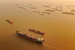 Aerial photo of a cargo ship in the Yangtze River, Nantong, China, Jan. 2, 2021.