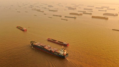 Aerial photo of a cargo ship in the Yangtze River, Nantong, China, Jan. 2, 2021.