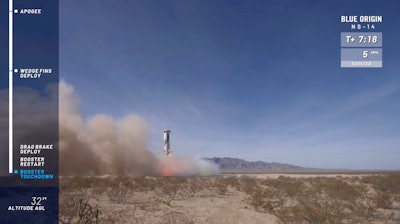 Image from video of Blue Origin's New Shepard rocket landing after a test flight, Jan. 14, 2021.