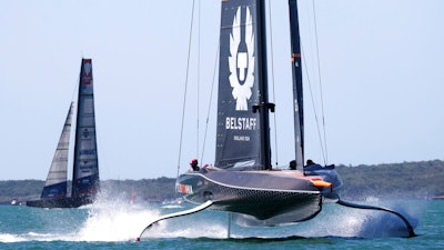 Ineos Team UK, right, leads American Magic during the Prada Cup challengers series on Auckland's Waitemate Harbour, New Zealand, Jan. 15, 2021.