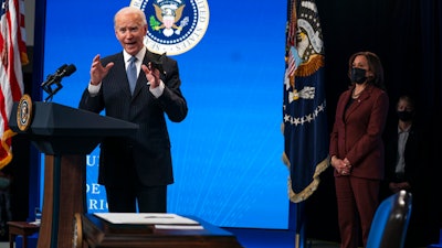 President Joe Biden answers questions from reporters in the South Court Auditorium on the White House complex, Jan. 25, 2021.