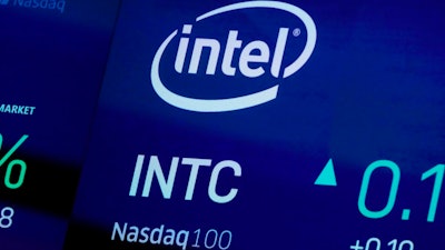 In this Oct. 1, 2019, file photo the symbol for Intel appears on a screen at the Nasdaq MarketSite, in New York. Intel is replacing its CEO after two years. The computer company said Wednesday, Jan. 13, 2021, that Pat Gelsinger will become its new CEO, effective Feb. 15. He takes over for Bob Swan, who became CEO in January 2019.