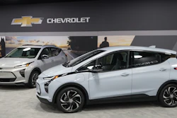 The 2022 Chevrolet Bolt EV, foreground, and EUV, Feb. 11, 2021, Milford, Mich.