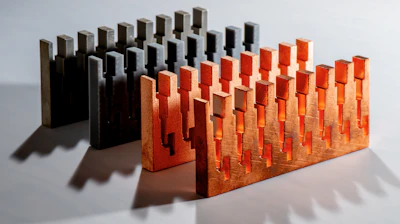 Manufactured column element parts of cylindrical arrays used for testing the viability of additive manufacturing to make cylindrical arrays at the U.S. Naval Research Laboratory, Washington, D.C., Sep. 5, 2019. From left to right: metal 3D print, stereo lithography (SLA) print, selective laser sintering (SLS) Nylon print with electroplating, and SLA print with electroplating.