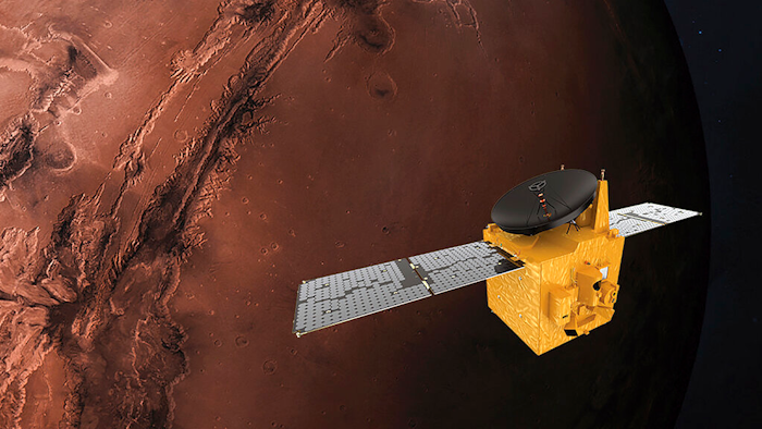 A June 1, 2020, illustration, provided by Mohammed Bin Rashid Space Centre, depicting the United Arab Emirates' Hope Mars probe.